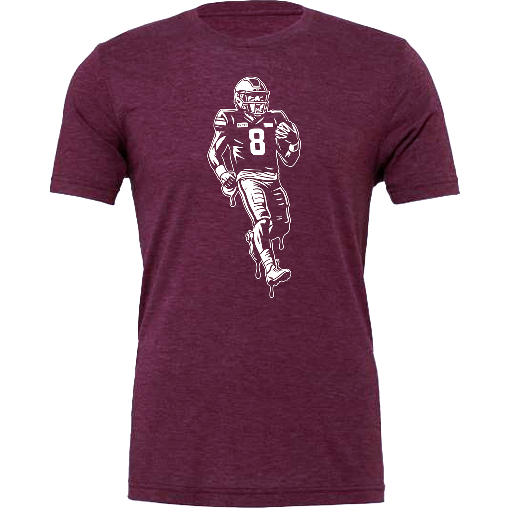 Maroon t-shirt with a graphic of a football player running, on a white background