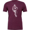 Maroon t-shirt with a graphic of a football player running, on a white background
