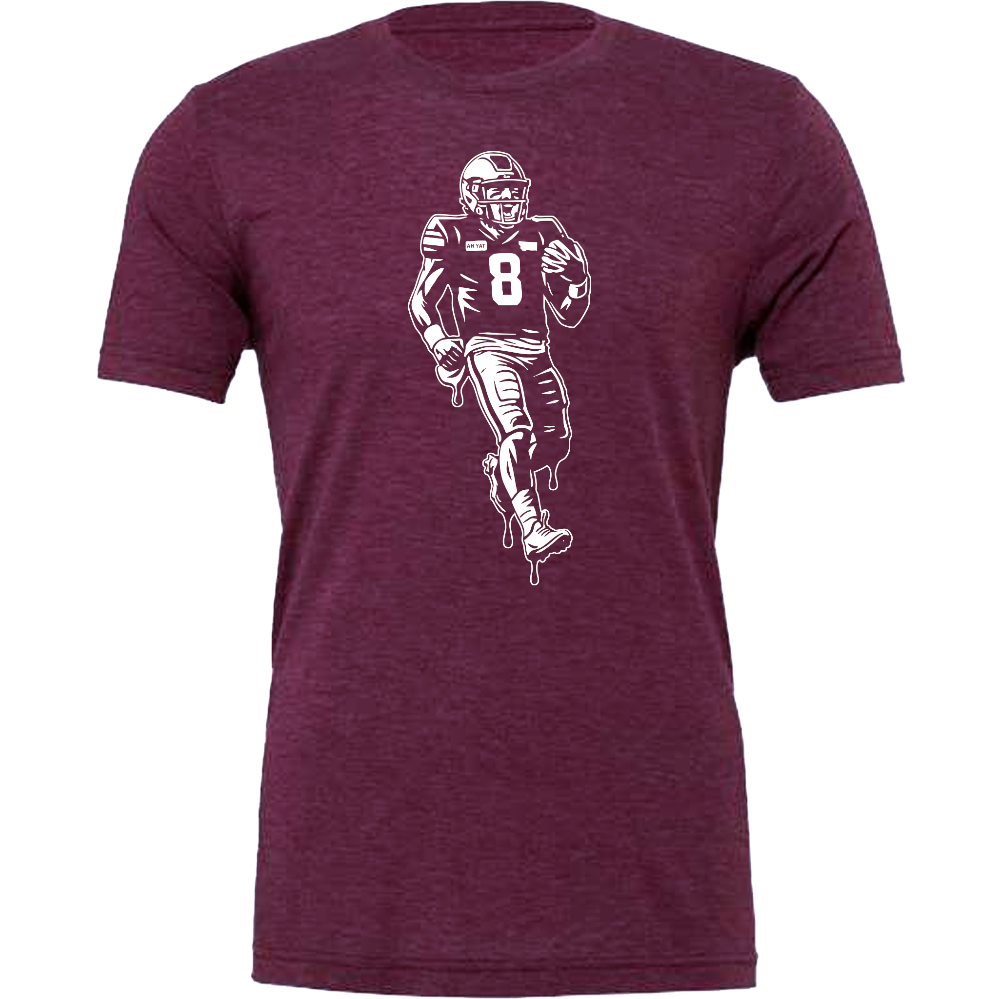 Maroon t-shirt with a graphic of a football player running, on a white background