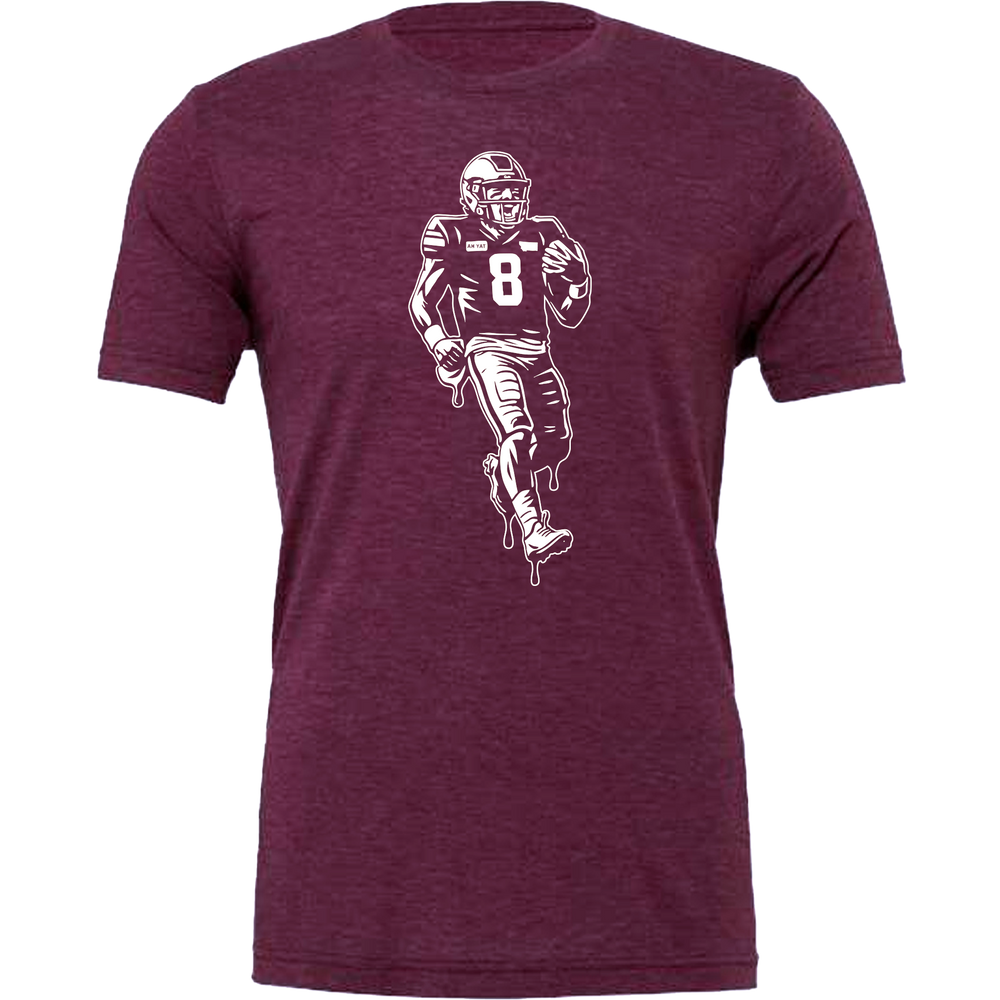 
                  
                    Maroon t-shirt with a graphic of a football player running, on a white background
                  
                