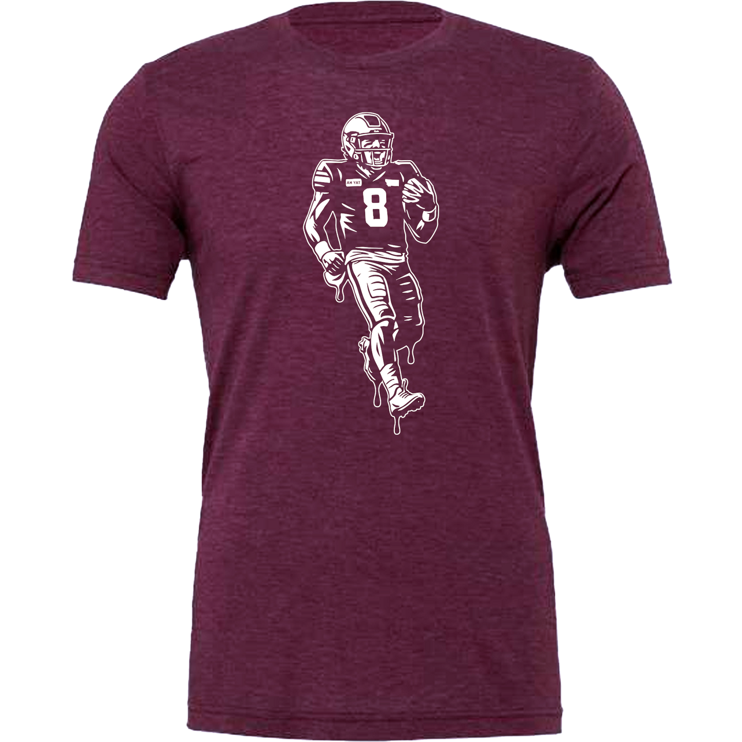 
                  
                    Maroon t-shirt with a graphic of a football player running, on a white background
                  
                