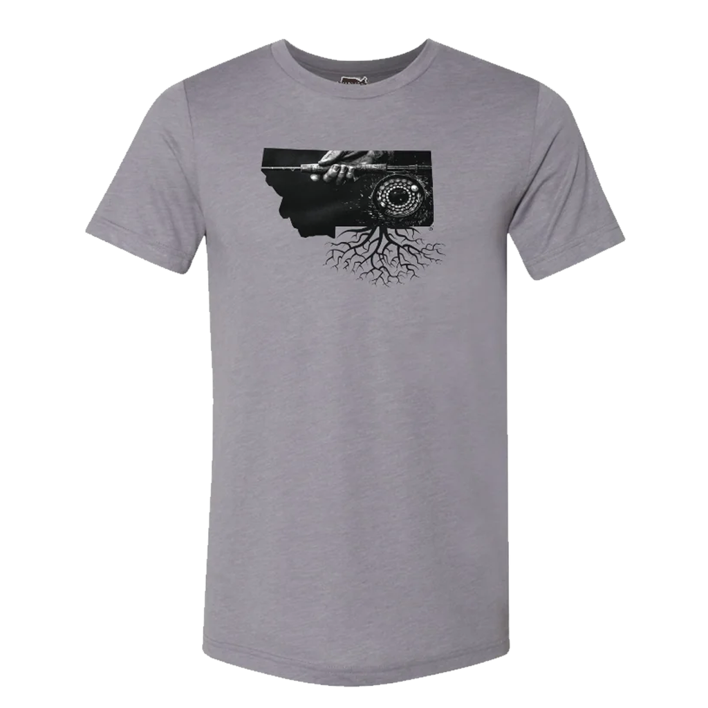 A gray crewneck t-shirt with a graphic of a fly fishing reel on the front, set against a white background.