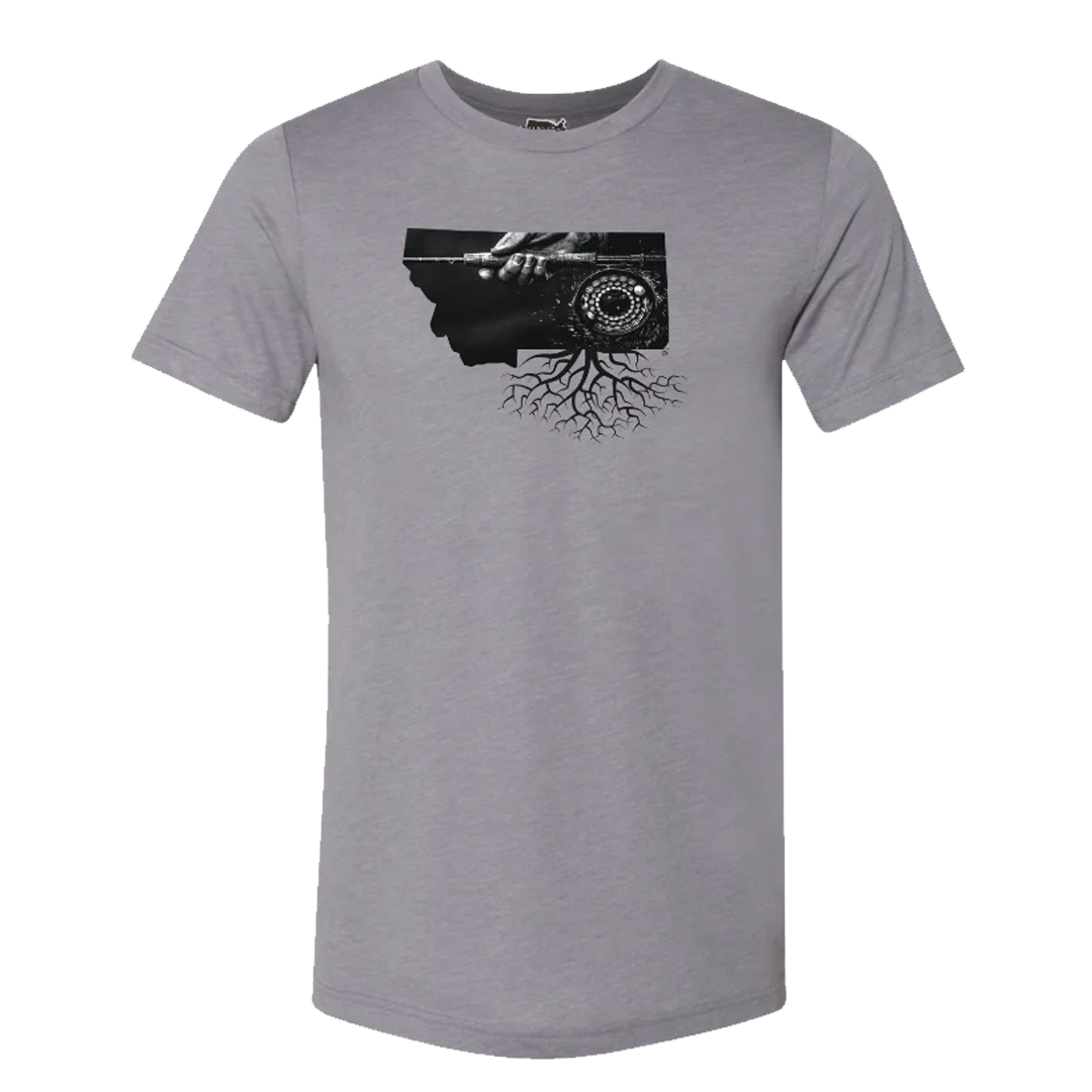 A gray crewneck t-shirt with a graphic of a fly fishing reel on the front, set against a white background.