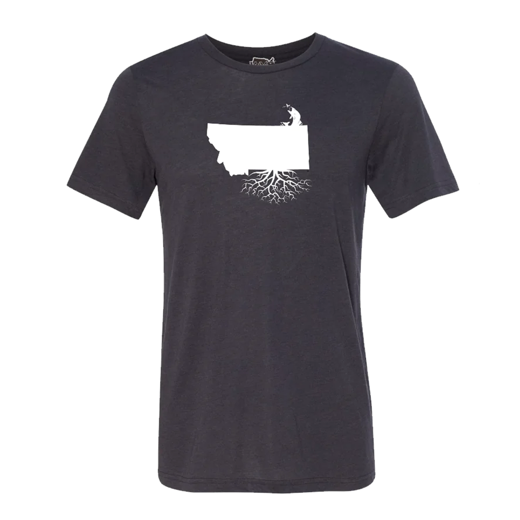 A solid dark grey crewneck t-shirt with a graphic print of a trout and a map outline of Montana state on the front.