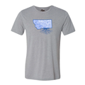 A gray crewneck t-shirt with a graphic print of the state of Montana on the front.