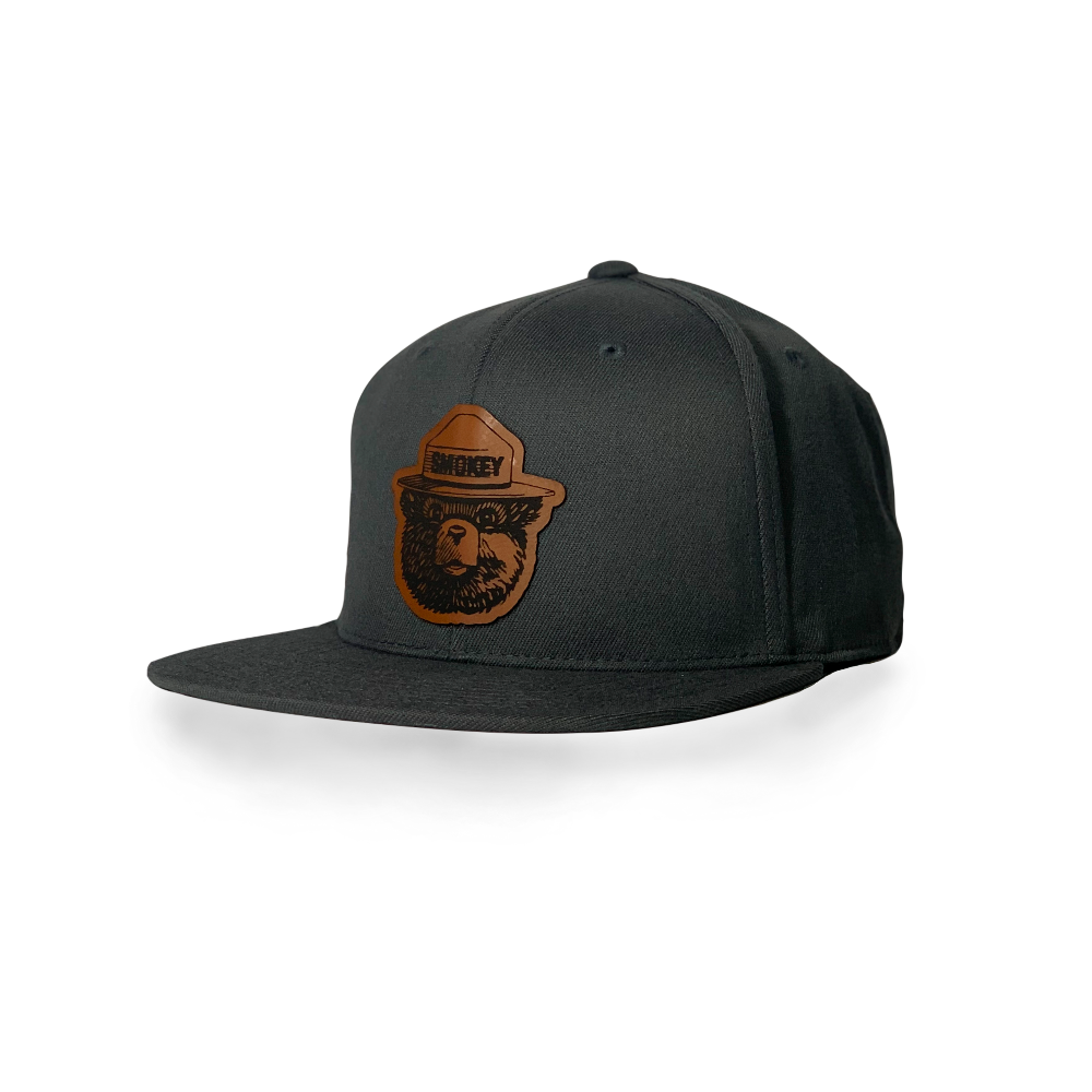 Smokey Bear Leather Patch Flexfit Snapback Hat Dark Grey/Brown Smokey Patch