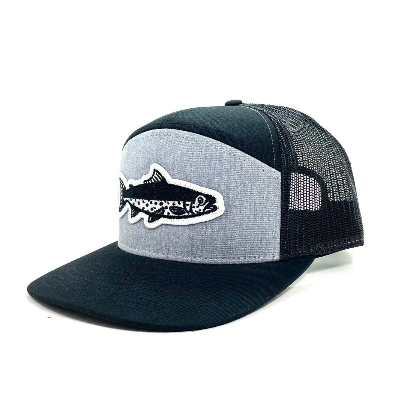 7 Panel Flatbill Hat Hook/Loop | Montana Roots Apparel | Fly Fishing Heather/Black Hook & Loop - Fish